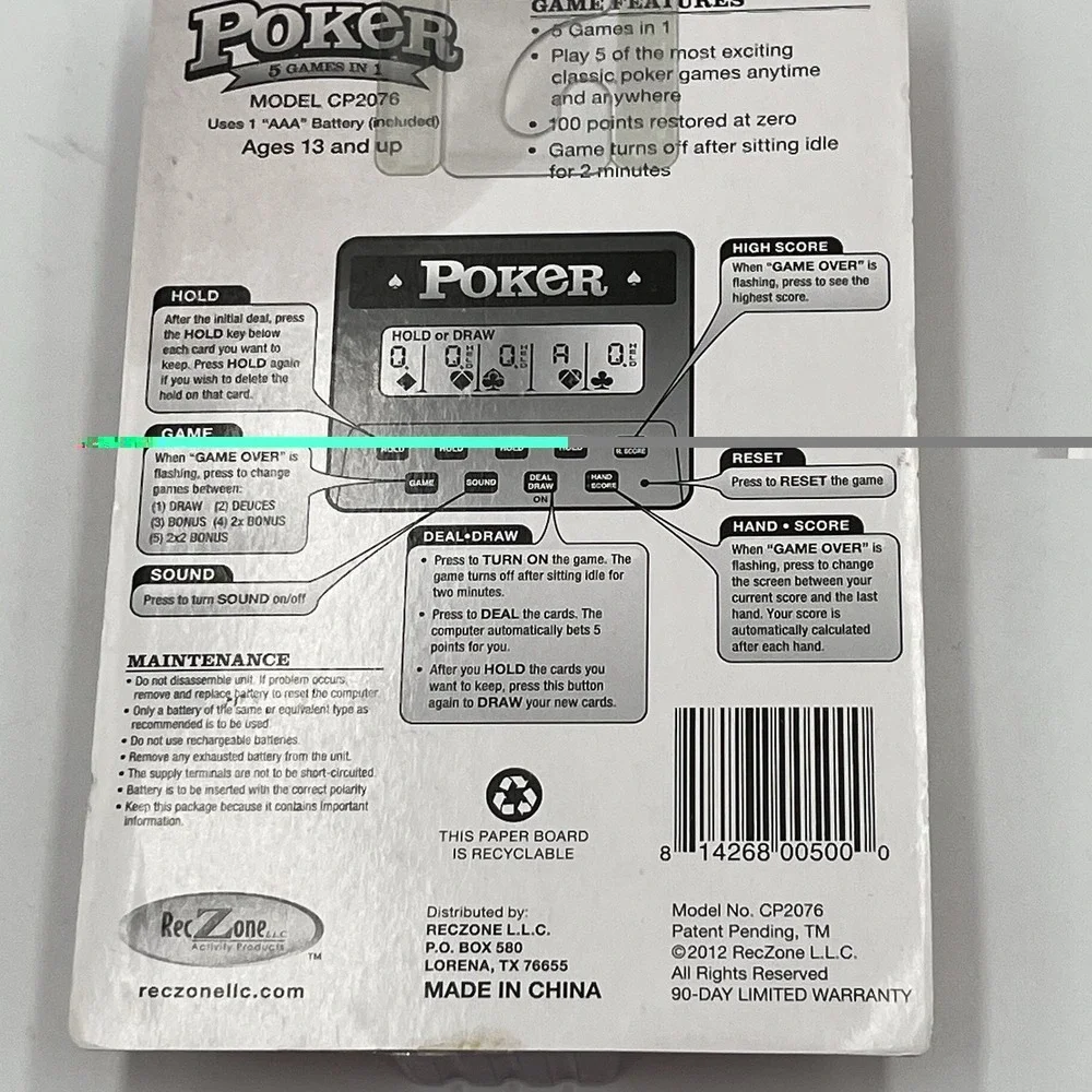 RecZone Electronic Handheld 5 in 1 Poker Game CP2076 Brand New‎ Sealed -Works!